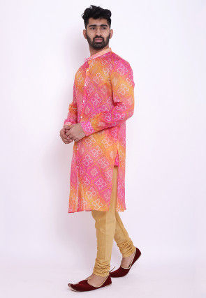 Bandhej Kota Silk Front Open Kurta Set in Pink and Mustard