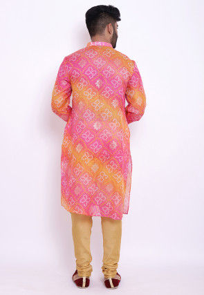 Bandhej Kota Silk Front Open Kurta Set in Pink and Mustard