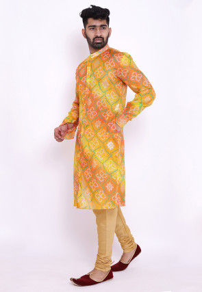 Bandhej Kota Silk Front Open Kurta Set in Yellow and Orange