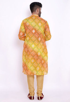 Bandhej Kota Silk Front Open Kurta Set in Yellow and Orange