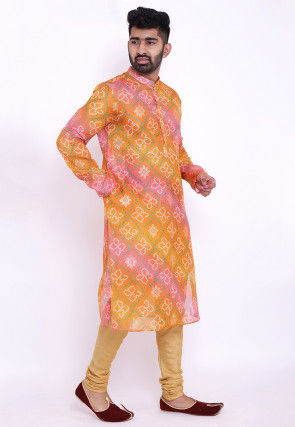 Bandhej Kota Silk Kurta Set in Shaded Orange and Pink