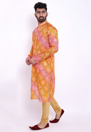 Bandhej Kota Silk Kurta Set in Shaded Orange and Pink