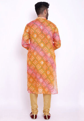Bandhej Kota Silk Kurta Set in Shaded Orange and Pink