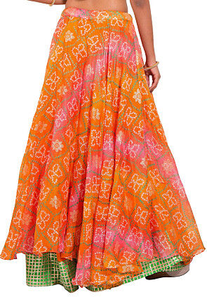 Bandhej Kota Silk Layered Skirt in Orange