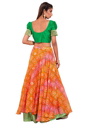 Bandhej Kota Silk Layered Skirt in Orange