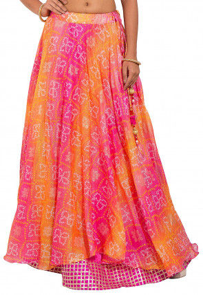 Bandhej Kota Silk Layered Skirt in Pink and Orange