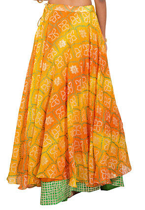 Bandhej Kota Silk Layered Skirt in Yellow