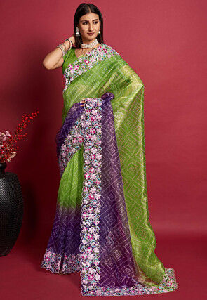 Bandhej Organza Saree in Green and Purple