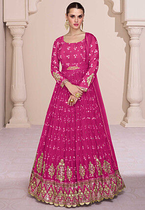 Bandhej Printed Art Chinon Silk Abaya Style Suit in Pink