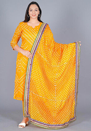 Bandhej Printed Art Kota Silk Straight Suit in Mustard