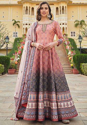 Bandhej Printed Art Silk Abaya Style Suit in Peach and Brown