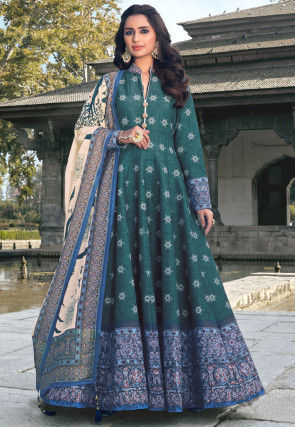 Bandhej Printed Art Silk Abaya Style Suit in Teal Blue