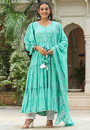 Bandhej Printed Art Silk Aline Suit in Turquoise