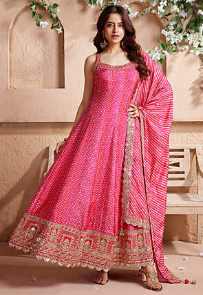 Bandhej Printed Art Silk Anarkali Suit in Pink