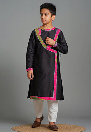 Bandhej Printed Art Silk Angrakha Kurta Set in Black