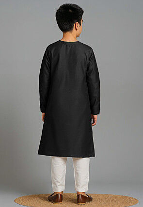 Bandhej Printed Art Silk Angrakha Kurta Set in Black