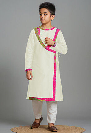 Bandhej Printed Art Silk Angrakha Kurta Set in Cream