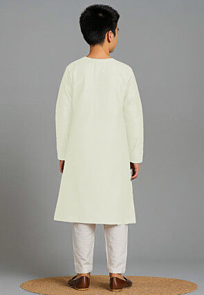 Bandhej Printed Art Silk Angrakha Kurta Set in Cream