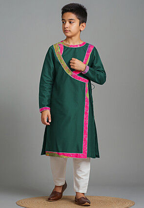 Bandhej Printed Art Silk Angrakha Kurta Set in Dark Green