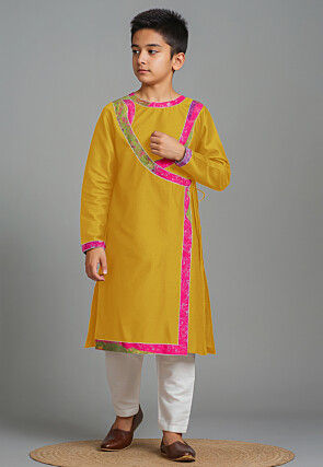 Bandhej Printed Art Silk Angrakha Kurta Set in Mustard