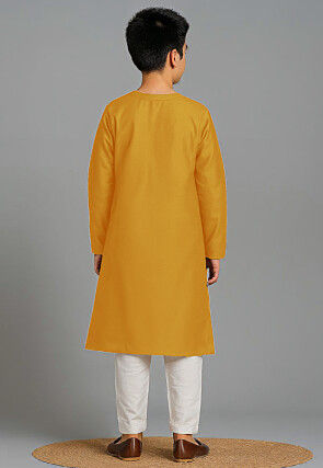 Bandhej Printed Art Silk Angrakha Kurta Set in Mustard