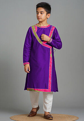 Bandhej Printed Art Silk Angrakha Kurta Set in Purple