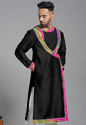Bandhej Printed Art Silk Angrakha style Kurta in Black