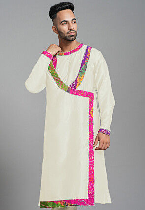 Bandhej Printed Art Silk Angrakha style Kurta in Cream