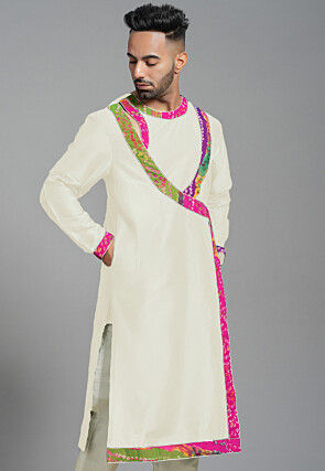 Bandhej Printed Art Silk Angrakha style Kurta in Cream