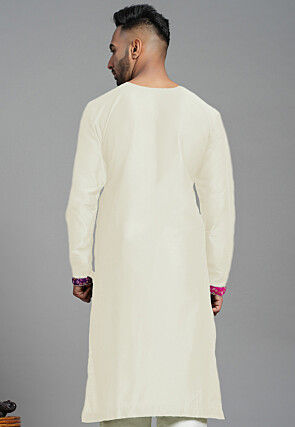 Bandhej Printed Art Silk Angrakha style Kurta in Cream