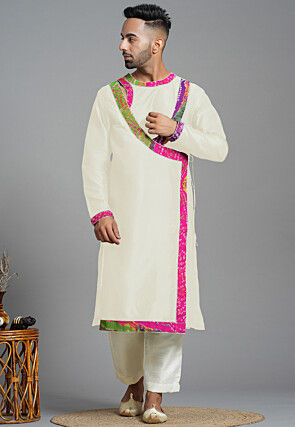 Bandhej Printed Art Silk Angrakha style Kurta in Cream