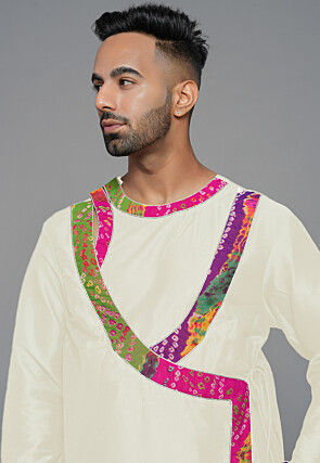 Bandhej Printed Art Silk Angrakha style Kurta in Cream