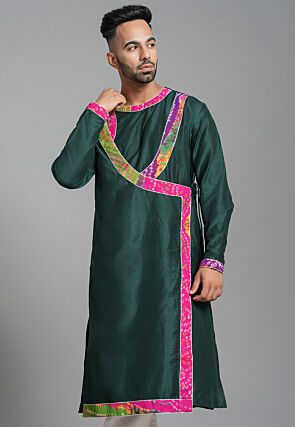 Bandhej Printed Art Silk Angrakha style Kurta in Dark Green