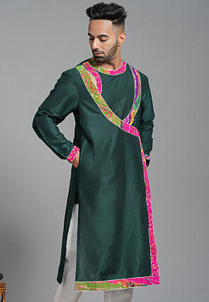 Bandhej Printed Art Silk Angrakha style Kurta in Dark Green