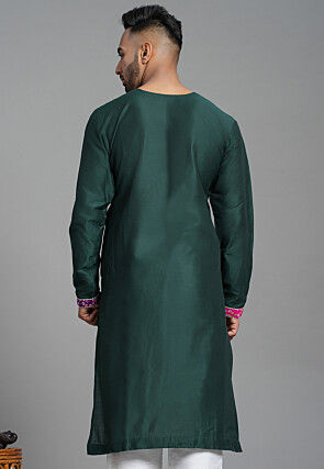 Bandhej Printed Art Silk Angrakha style Kurta in Dark Green