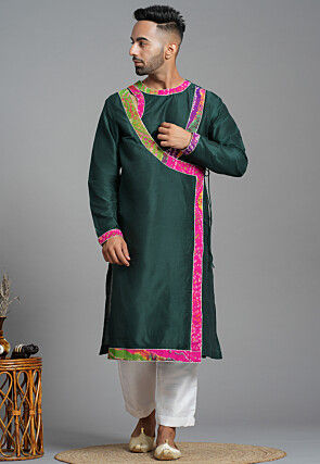 Bandhej Printed Art Silk Angrakha style Kurta in Dark Green