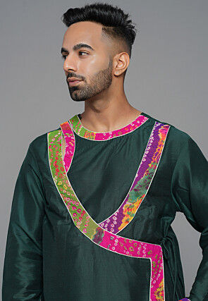Bandhej Printed Art Silk Angrakha style Kurta in Dark Green