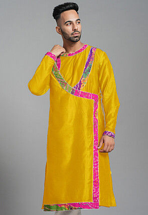 Bandhej Printed Art Silk Angrakha style Kurta in Mustard