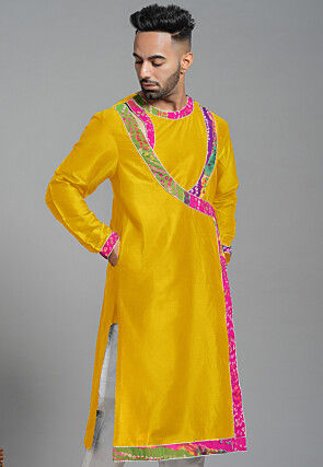 Bandhej Printed Art Silk Angrakha style Kurta in Mustard