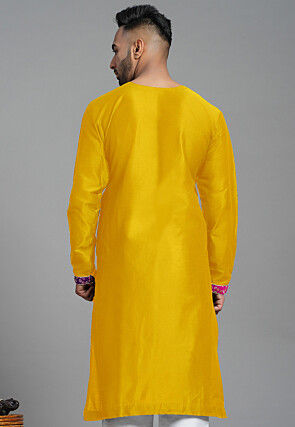 Bandhej Printed Art Silk Angrakha style Kurta in Mustard