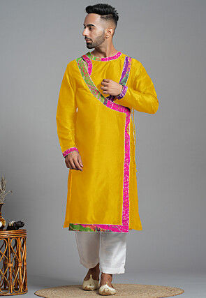 Bandhej Printed Art Silk Angrakha style Kurta in Mustard