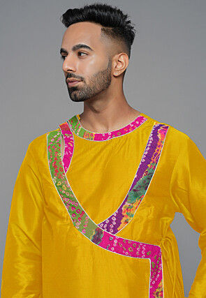 Bandhej Printed Art Silk Angrakha style Kurta in Mustard