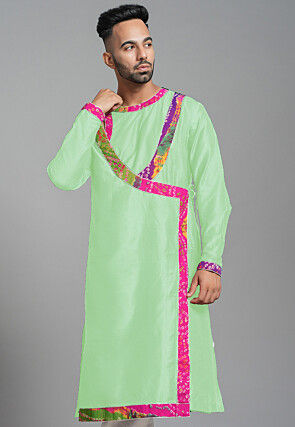 Bandhej Printed Art Silk Angrakha style Kurta in Pastel Green