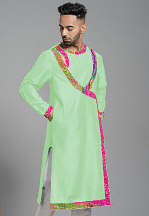 Bandhej Printed Art Silk Angrakha style Kurta in Pastel Green