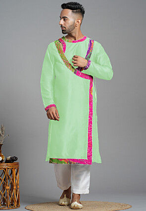 Bandhej Printed Art Silk Angrakha style Kurta in Pastel Green