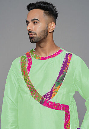 Bandhej Printed Art Silk Angrakha style Kurta in Pastel Green