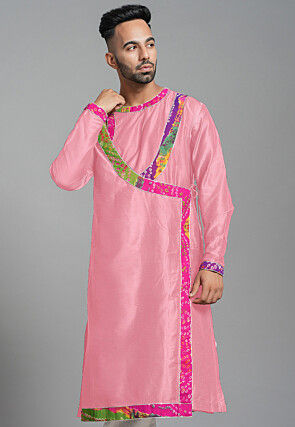 Bandhej Printed Art Silk Angrakha style Kurta in Pink