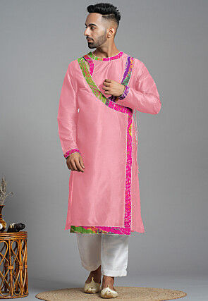 Bandhej Printed Art Silk Angrakha style Kurta in Pink