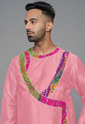 Bandhej Printed Art Silk Angrakha style Kurta in Pink
