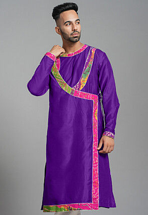 Bandhej Printed Art Silk Angrakha style Kurta in Purple